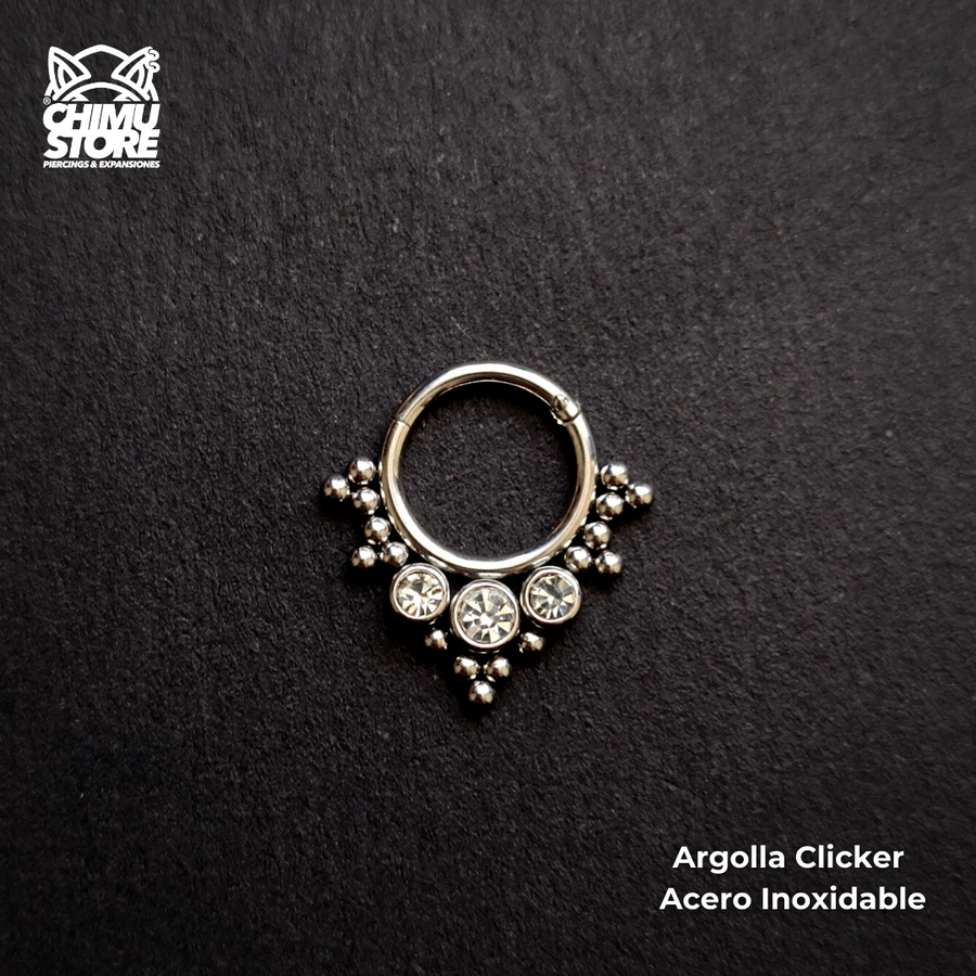 NEW Argolla Clicker Acero Inoxidable - 3 Cristales y Cuentas 002 (1,2mm;8mm) (16G)