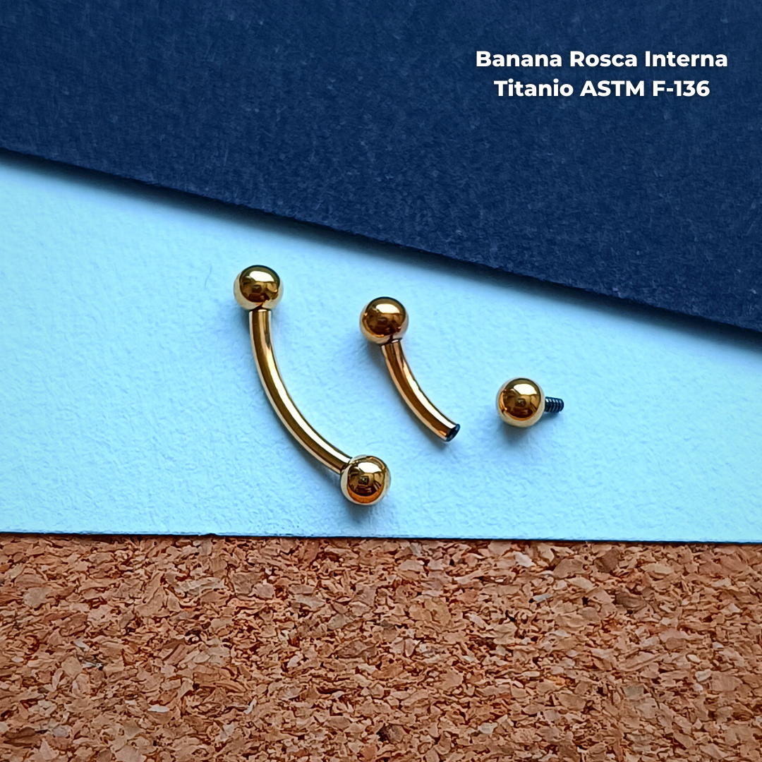 NEW Banana Rosca Interna Titanio ASTM F-136 - Dorado Bolitas 3mm (1,2mm) (16G)