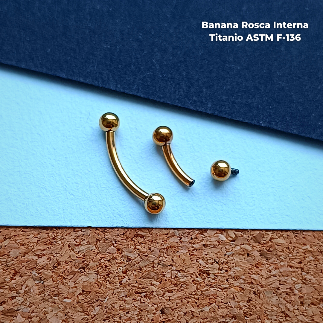 Banana Rosca Interna Titanio ASTM F-136 - Dorado Bolitas 3mm (1,2mm) (16G)