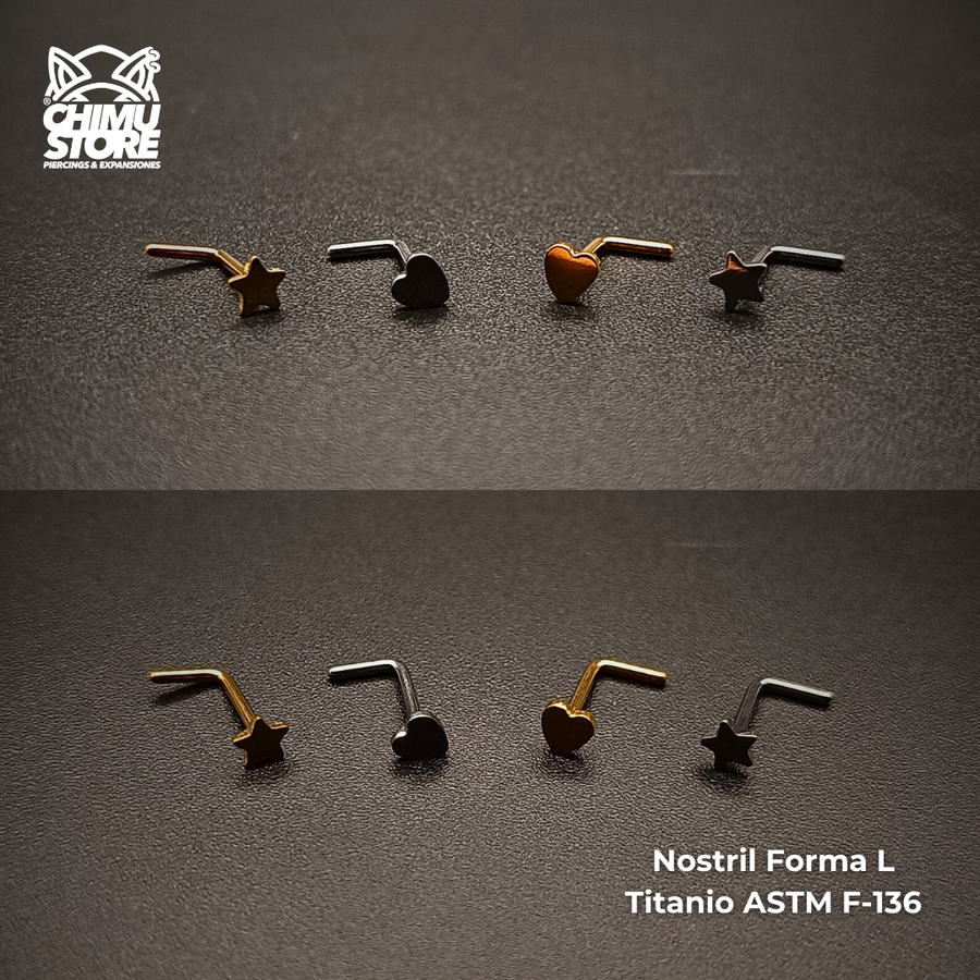 Nostril Forma L Titanio ASTM F-136 - Estrella y Corazón (0,8mm) (20G)