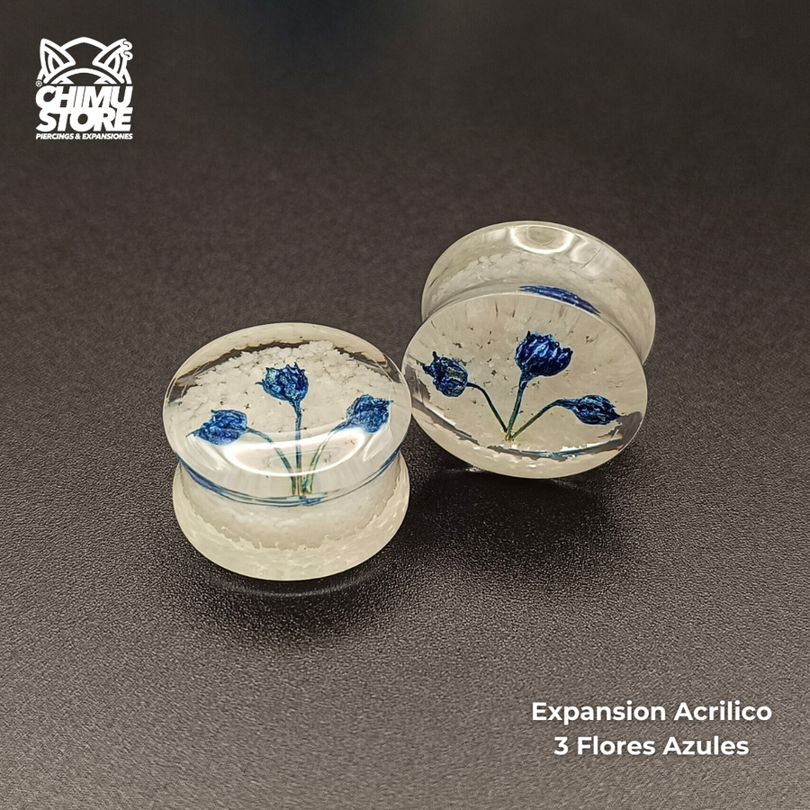 Expansiones Acrílico - 3 Flores Azules Fluor (8mm a 30mm)