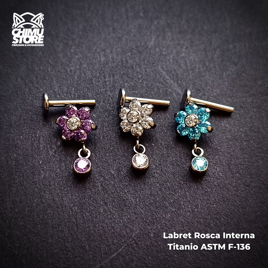 NEW Labret Titanio ASTM F-136 - Flor Zirconias Colgante (1,2mm;8mm) (16G)