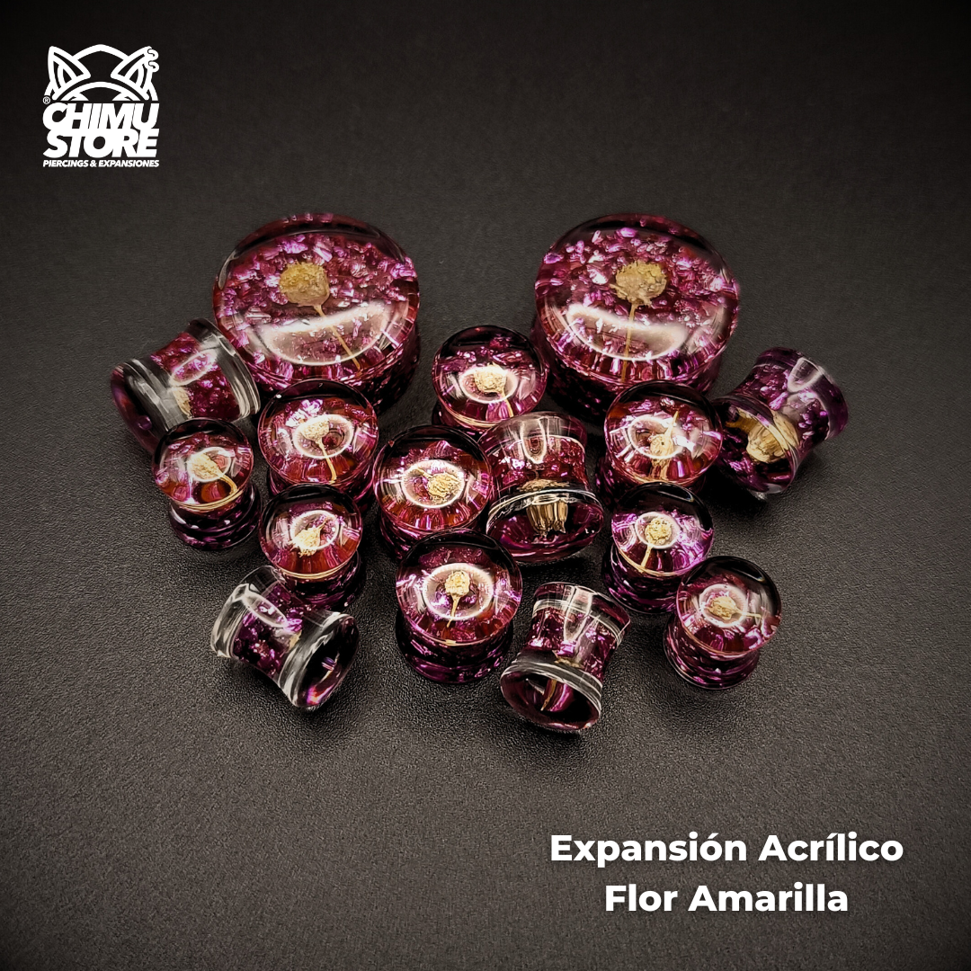 Expansiones Acrílico - Flor Amarilla Piedras Violetas (8mm a 30mm)