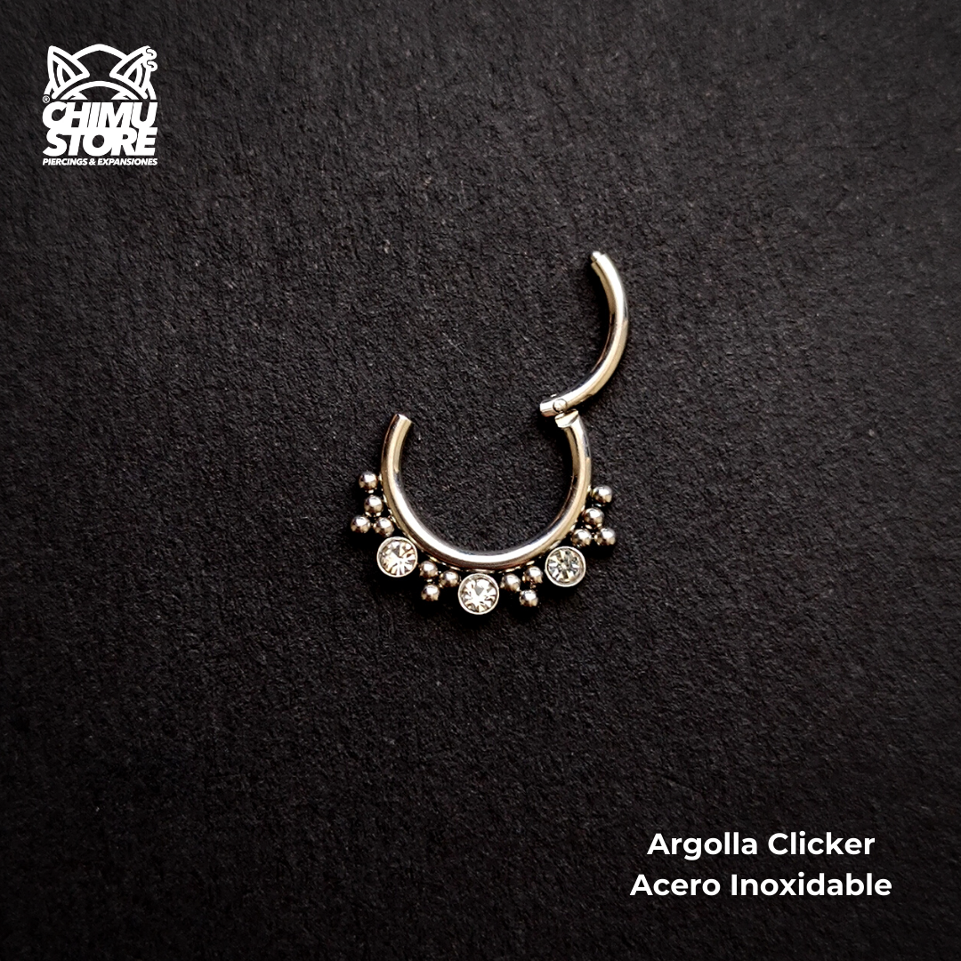 NEW Argolla Clicker Acero Inoxidable - 3 Cristales y Cuentas 001 (1,2mm;8mm) (16G)