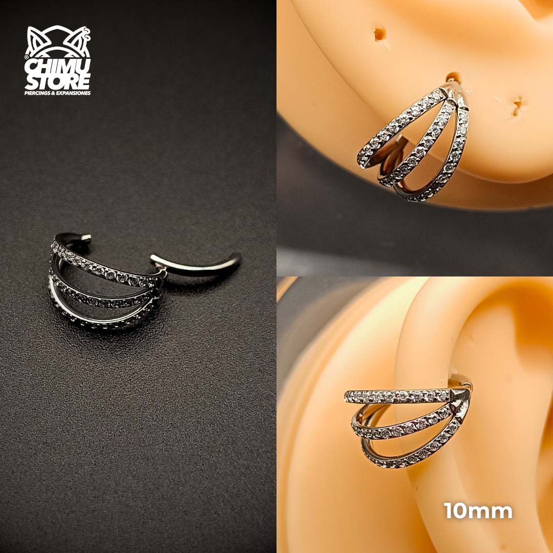 Argolla Clicker Titanio ASTM F-136 - Triple Anillo Zirconias Laterales (1,2mm) (16G)