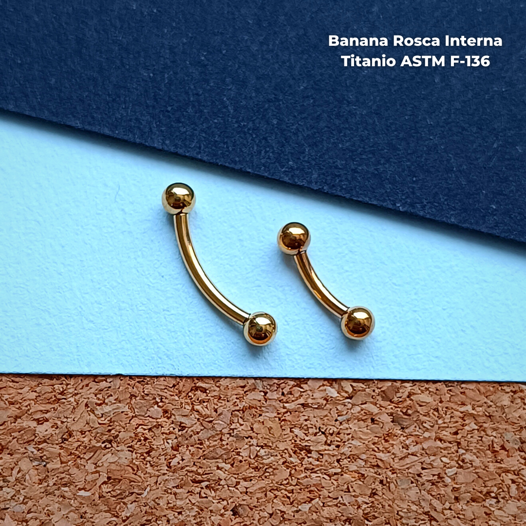 Banana Rosca Interna Titanio ASTM F-136 - Dorado Bolitas 3mm (1,2mm) (16G)