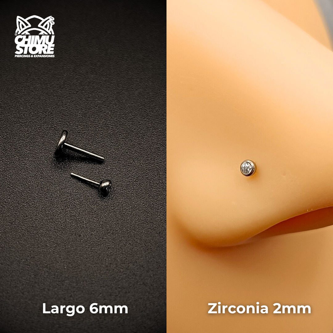 NEW Nostril Labret (Push Pin) Titanio G23 - Bezel Set Zirconia (0,8mm) (20G)