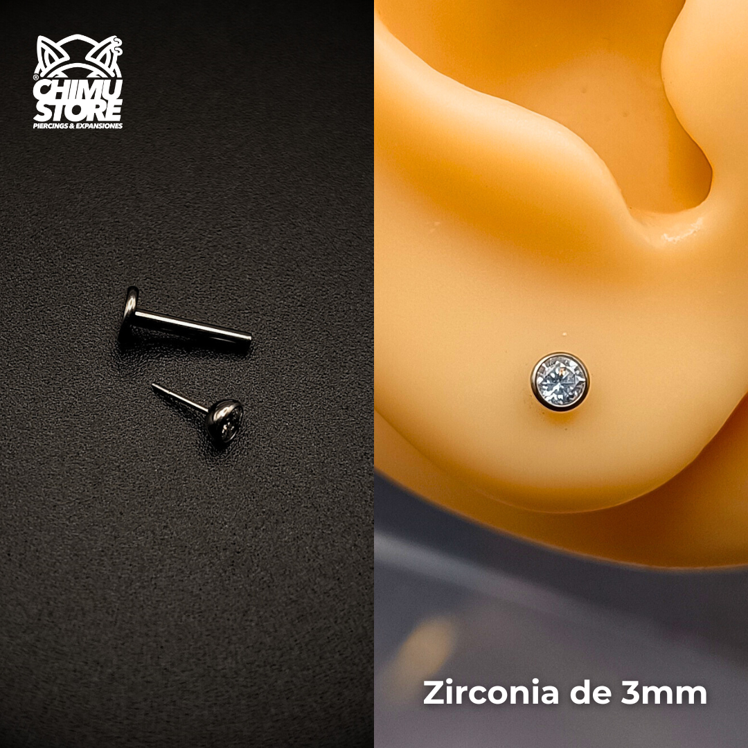 NEW Labret (Push Pin) Titanio G23 - Bezel Set Zirconia Redonda (1,2mm;8mm) (16G)