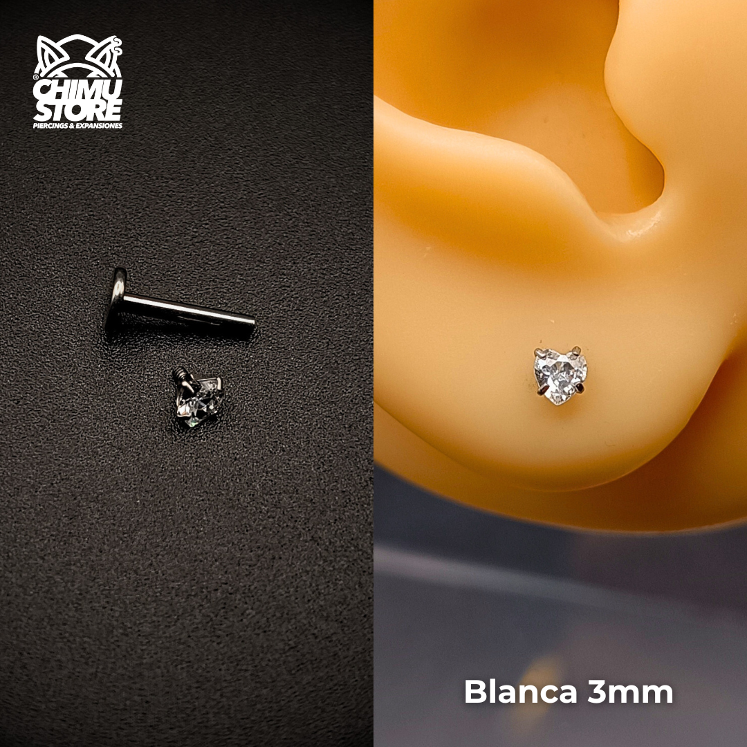 NEW Labret (HC) Titanio G23 - Prong Set Corazón Zirconia (1,2mm;8mm) (16G)
