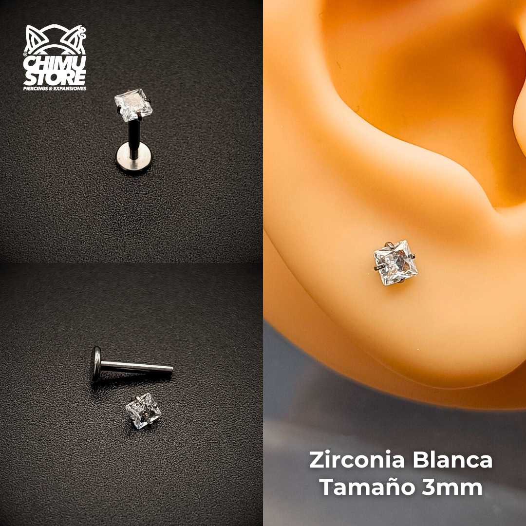 NEW Labret (HC) Titanio G23 - Prong Set Zirconia Cuadrada 003 (1,2mm;8mm) (16G)