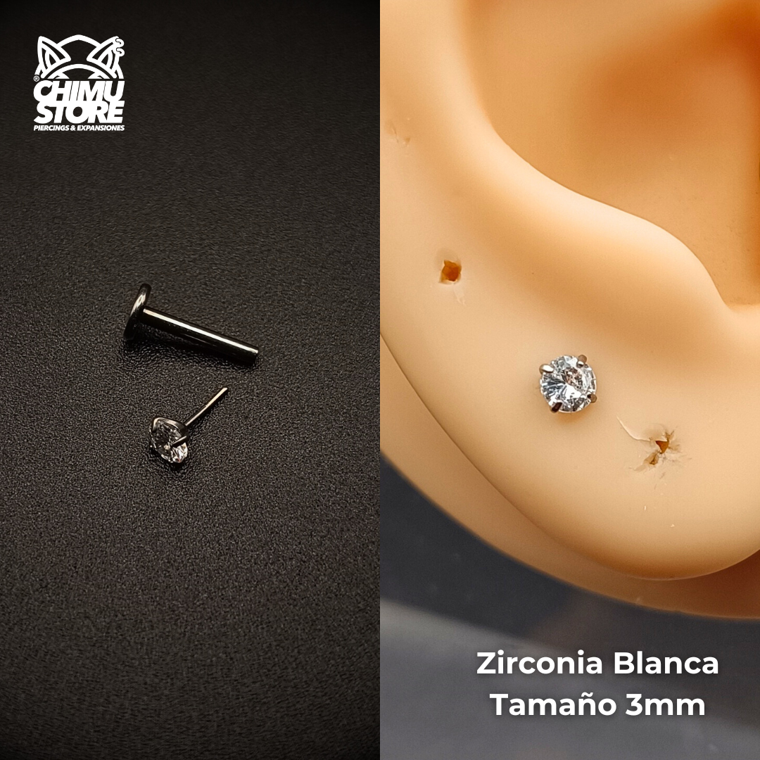 NEW Labret Push Pin Titanio G23 - Prong Set Zirconia Redonda (1,2mm) (16G)