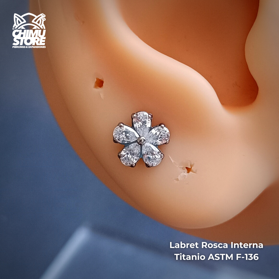 Labret Rosca Interna Titanio ASTM F-136 - Flor 5 Petalos Zirconias (1,2mm;8mm) (16G)