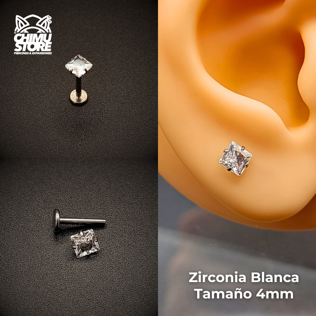 NEW Labret (HC) Titanio G23 - Prong Set Zirconia Cuadrada 003 (1,2mm;8mm) (16G)