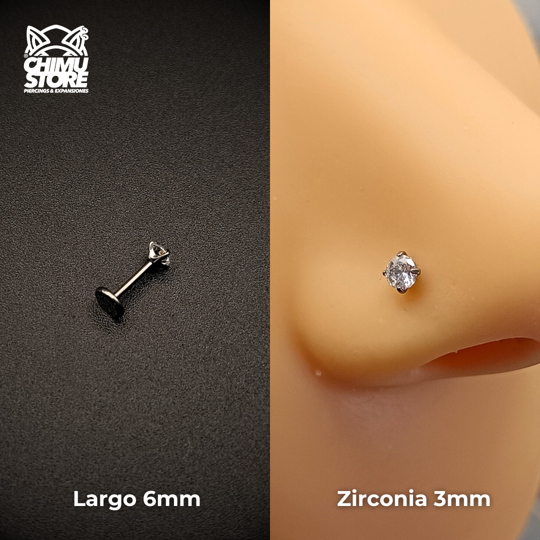NEW Nostril Labret (Push Pin) Titanio G23 - Prong Set Zirconia (0,8mm) (20G)