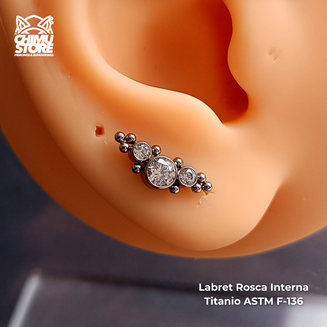 Labret Titanio ASTM F-136 - Cluster 3 Zirconias y Cuentas (1,2mm;8mm) (16G)