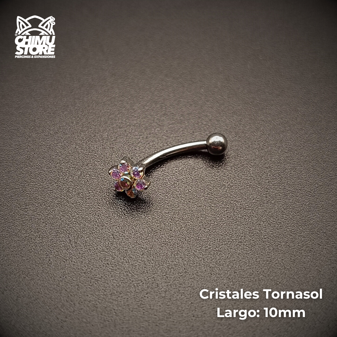 Banana Rosca Interna Titanio G23 - Flor 6 Petalos Cristales y Bolita 3mm (1,2mm) (16G)