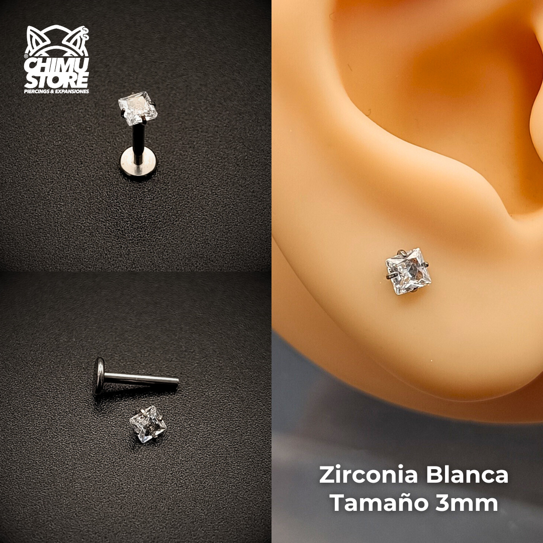 NEW Labret (HC) Titanio G23 - Prong Set Zirconia Cuadrada (1,2mm;8mm) (16G)