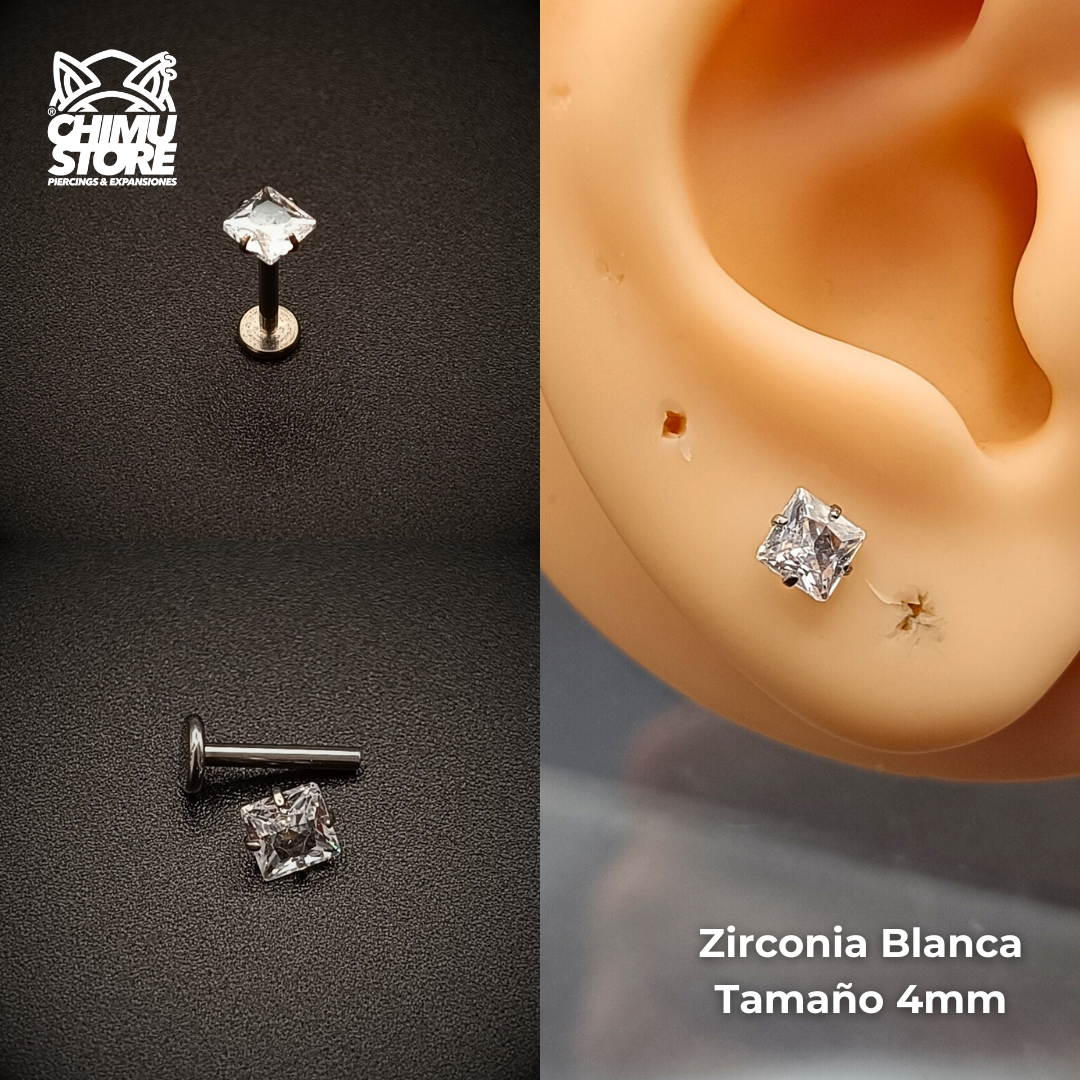 NEW Labret Titanio G23 - Prong Set Zirconia Cuadrada (1,2mm;8mm) (16G)