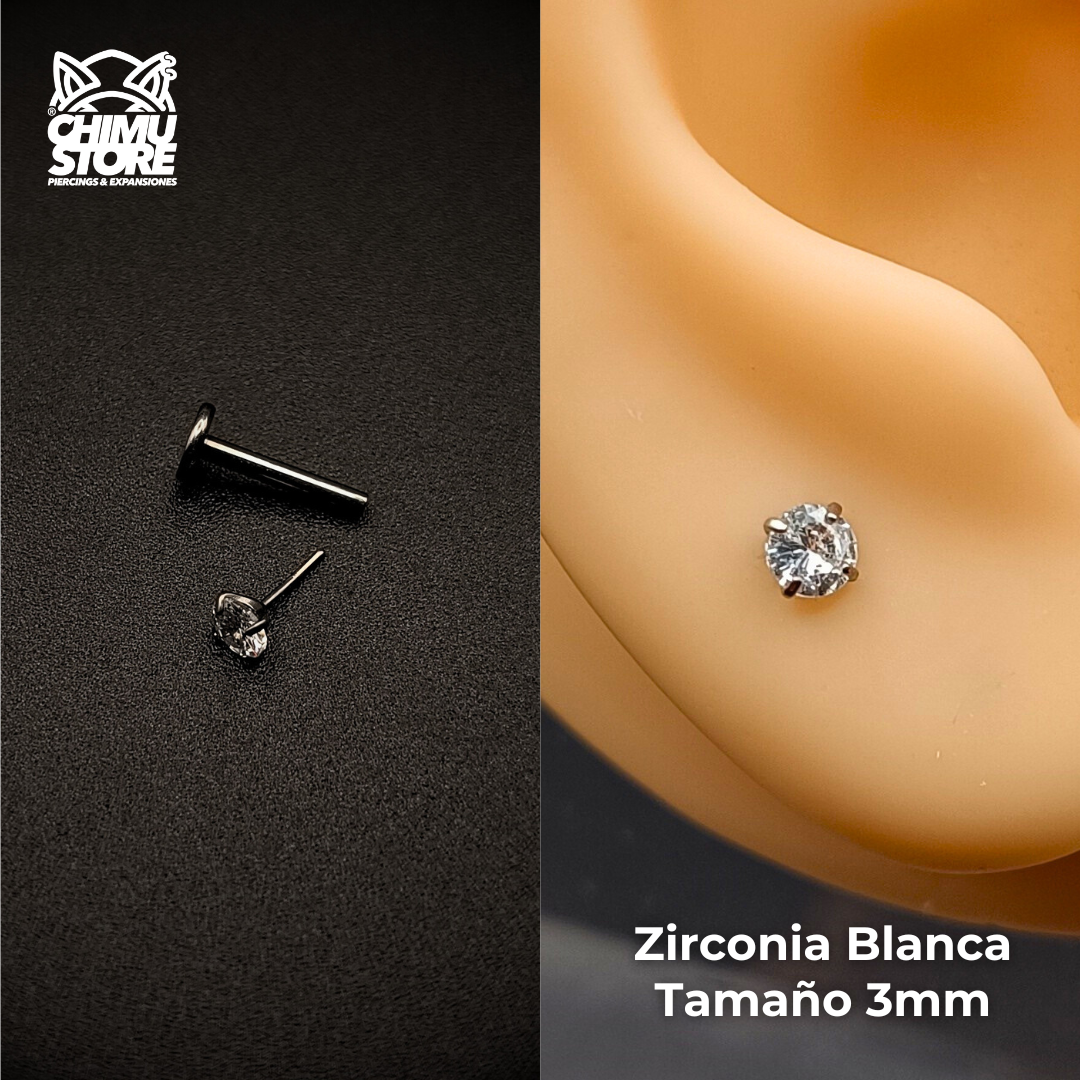 NEW Labret (Push Pin) Titanio G23 - Prong Set Zirconia Redonda (1,2mm) (16G)