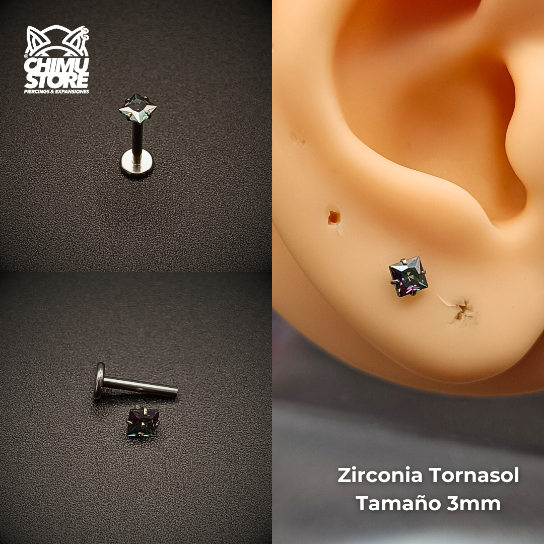 NEW Labret Titanio G23 - Prong Set Zirconia Cuadrada (1,2mm;8mm) (16G)