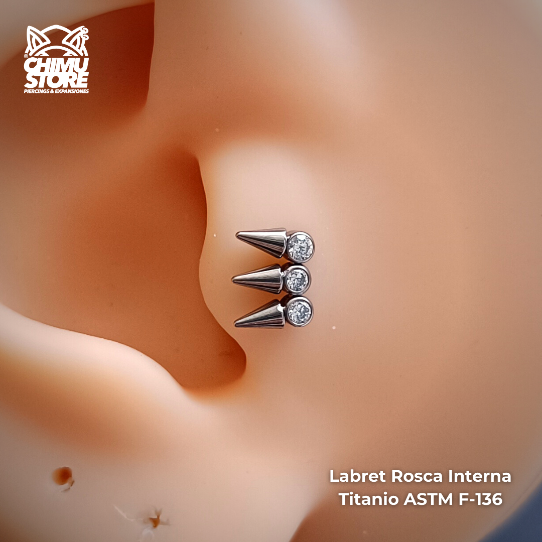 Labret Rosca Interna Titanio ASTM F-136 - 3 Zirconias y Puntas (1,2mm;8mm) (16G)