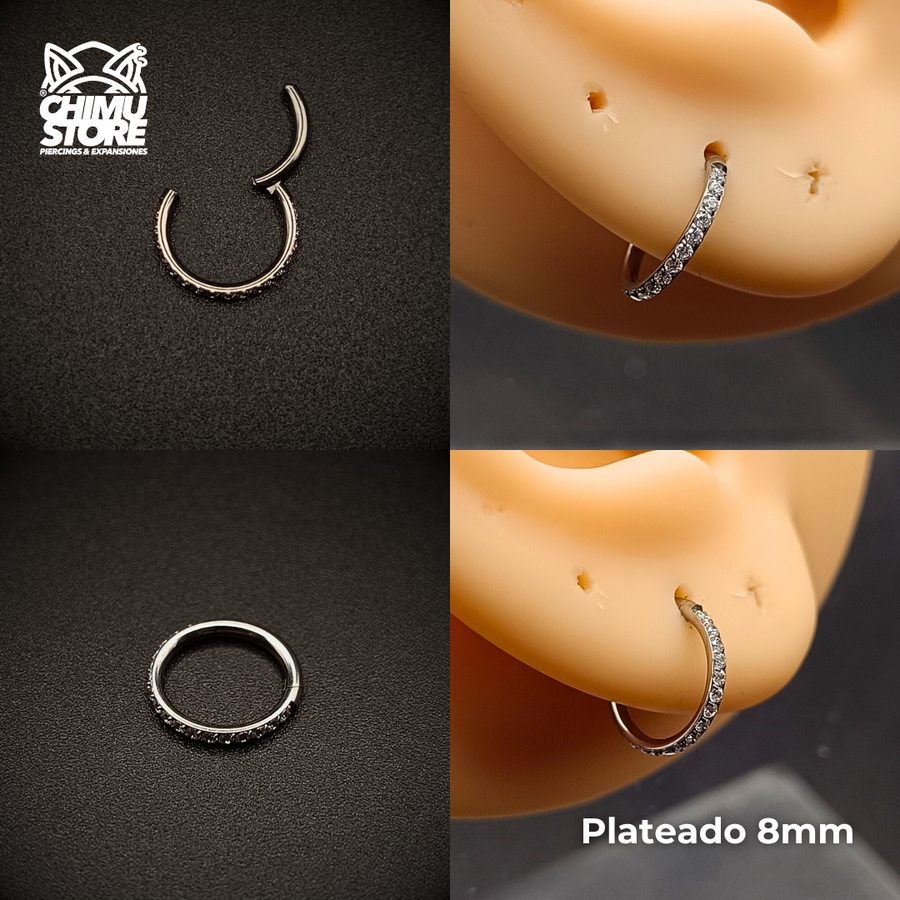 Argolla Clicker Titanio ASTM F-136 - Plateada Zirconias Laterales (1,2mm) (16G)
