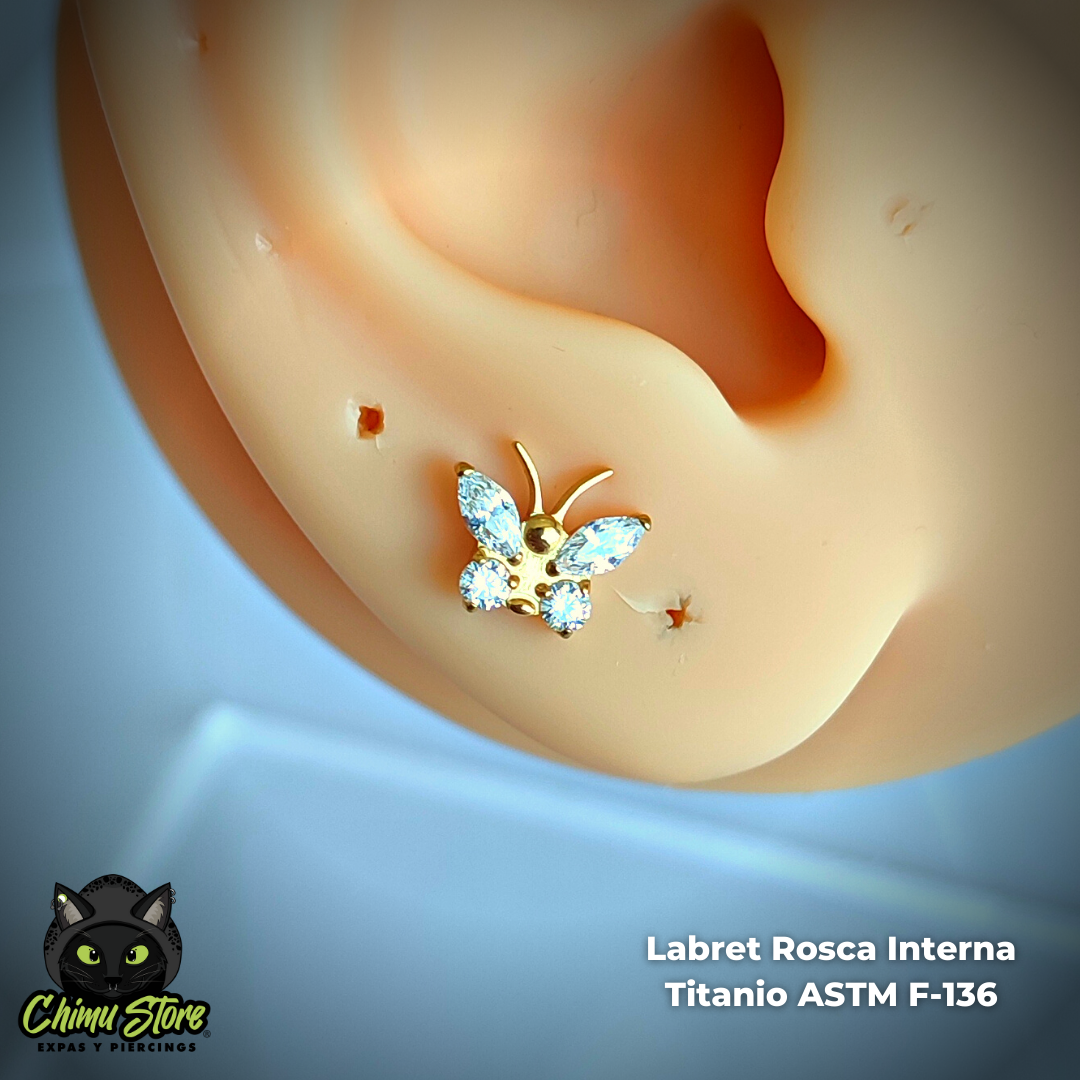 NEW Labret Titanio ASTM F-136 - Mariposa Alas de Zirconias (1,2mm;6mm) (16G)