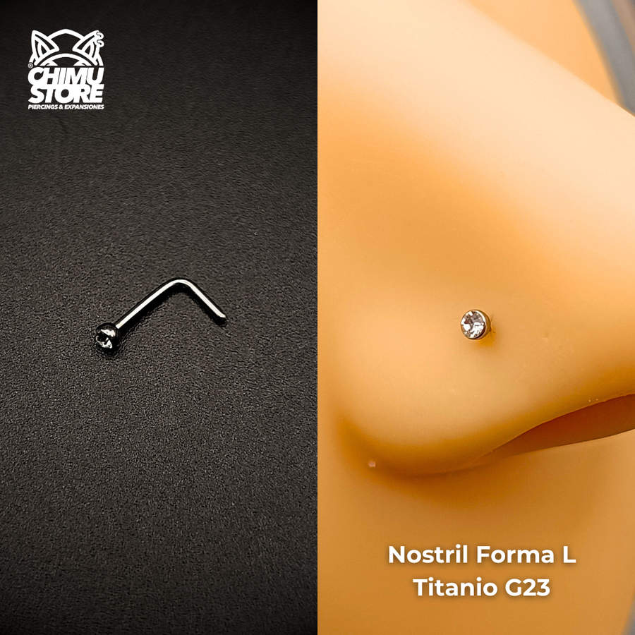 NEW Nostril (Forma L) Titanio G23 - Bezel Set Cristal Blanco (0,8mm) (20G)