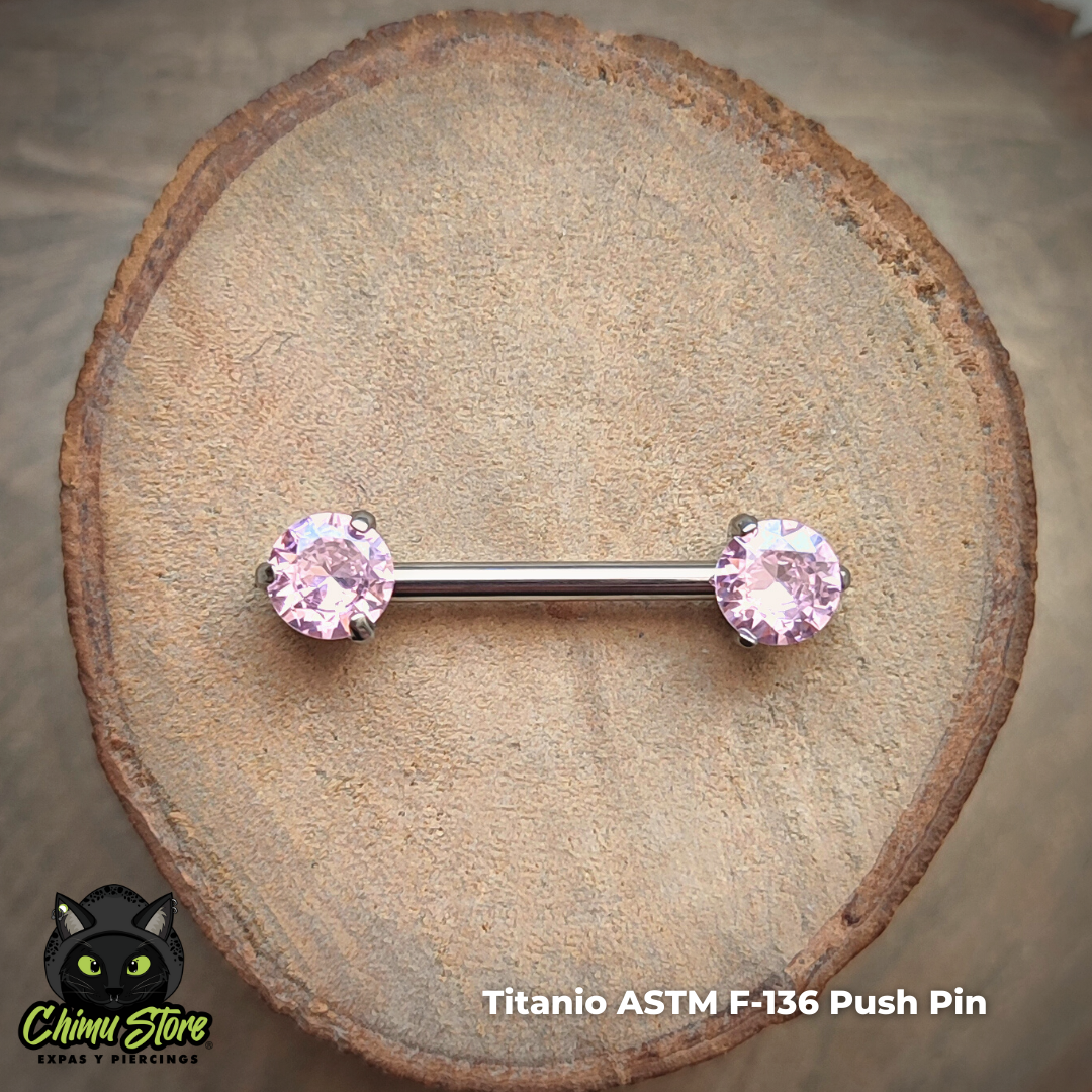 Nipple Push Pin Titanio ASTM F-136 - Zirconias Rosadas (1,6mm;14mm) (14G)