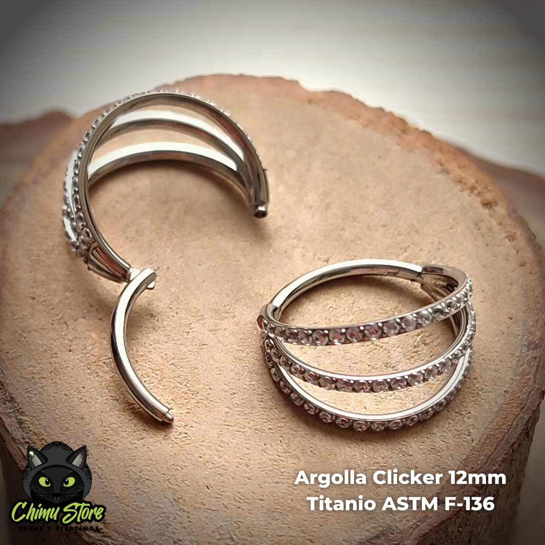 Argolla Clicker Titanio ASTM F-136 - Triple Anillo Zirconias Laterales (1,2mm) (16G)