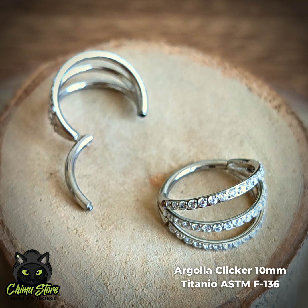 Argolla Clicker Titanio ASTM F-136 - Triple Anillo Zirconias Laterales (1,2mm) (16G)