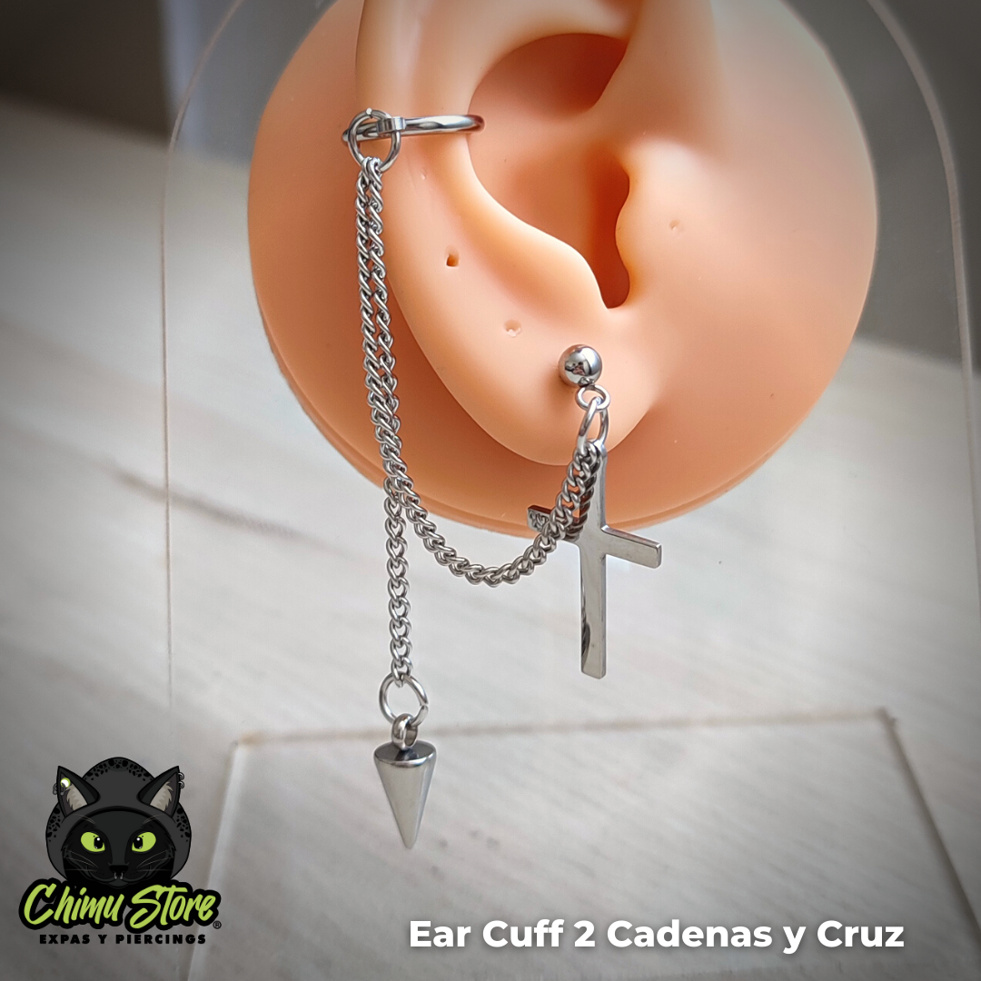 Ear Cuff Acero Inoxidable - 2 Cadenas, Cruz y Pendulo