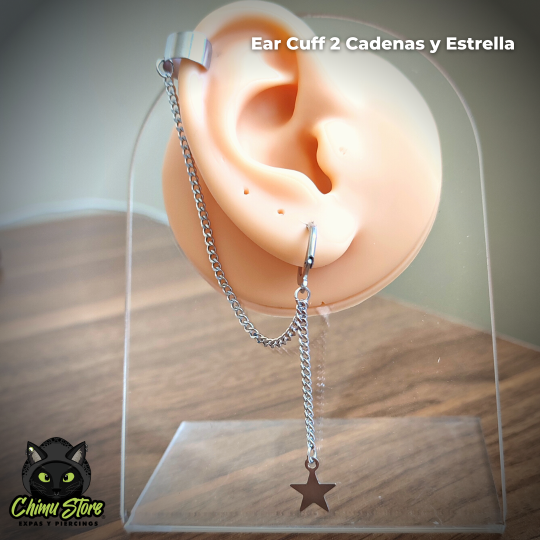 Ear Cuff Acero Inoxidable - 2 Cadenas y Estrella