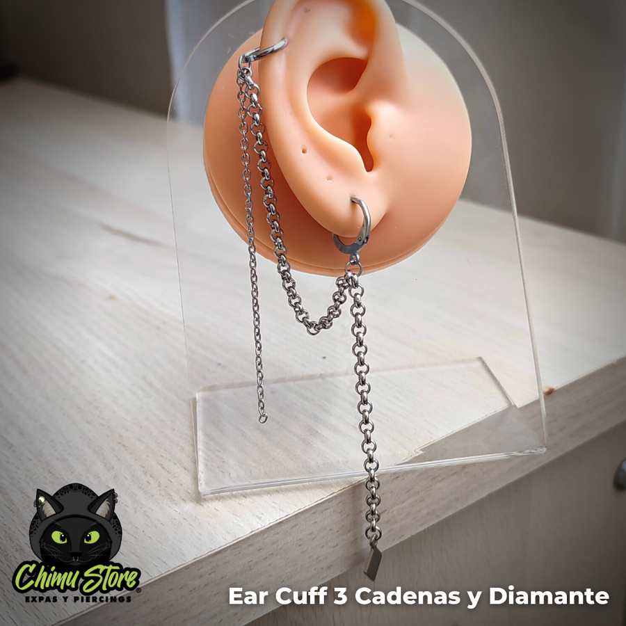 Ear Cuff Acero Inoxidable - 3 Cadenas y Diamante