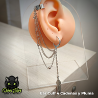 Ear Cuff Acero Inoxidable - 4 Cadenas y Pluma