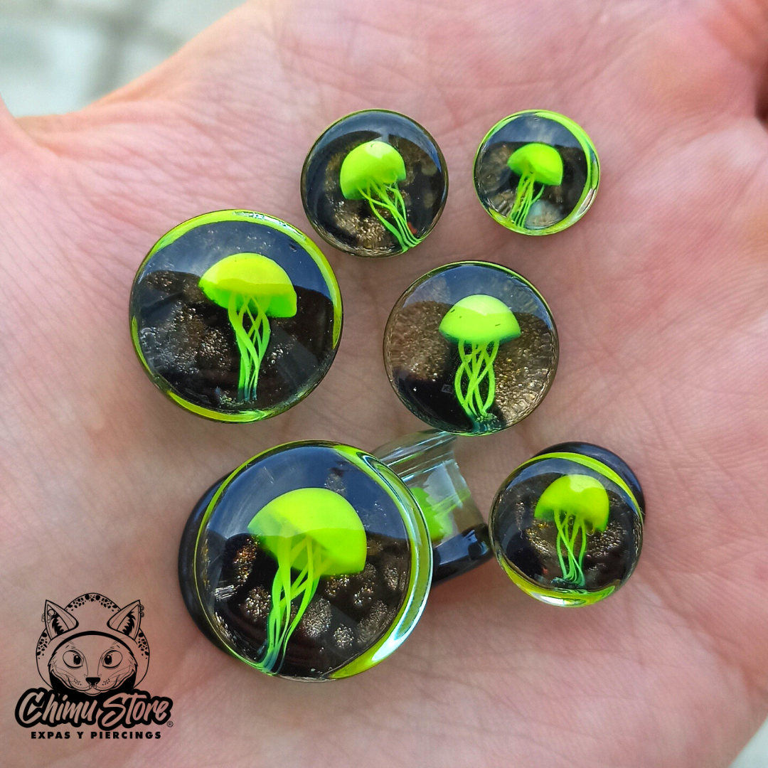 Expansion Pyrex - Medusa Amarilla Fondo Negro Burbujas Doradas (8mm a 16mm)