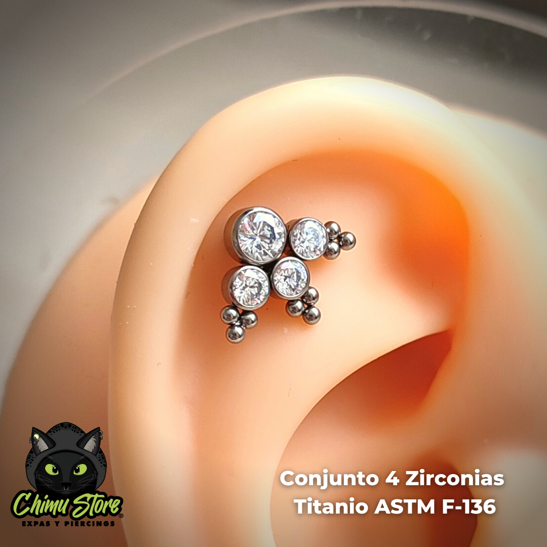 Labret Titanio ASTM F-136 - Conjunto 4 Zirconias y Cuentas (1,2mm;8mm) (16G)