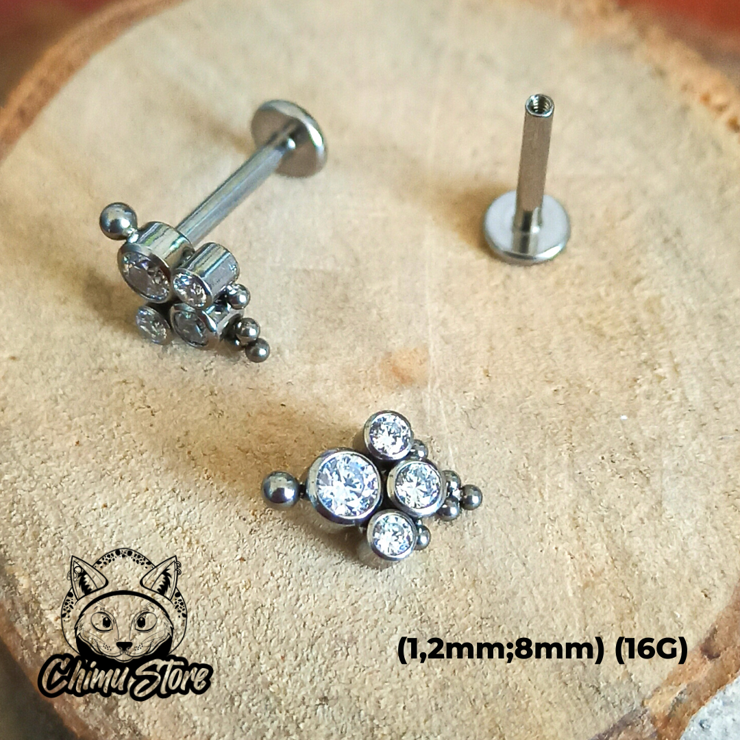 REP Labret Titanio ASTM F-136 - 4 Zirconias Cubicas y Cuentas (1,2mm;8mm) (16G)