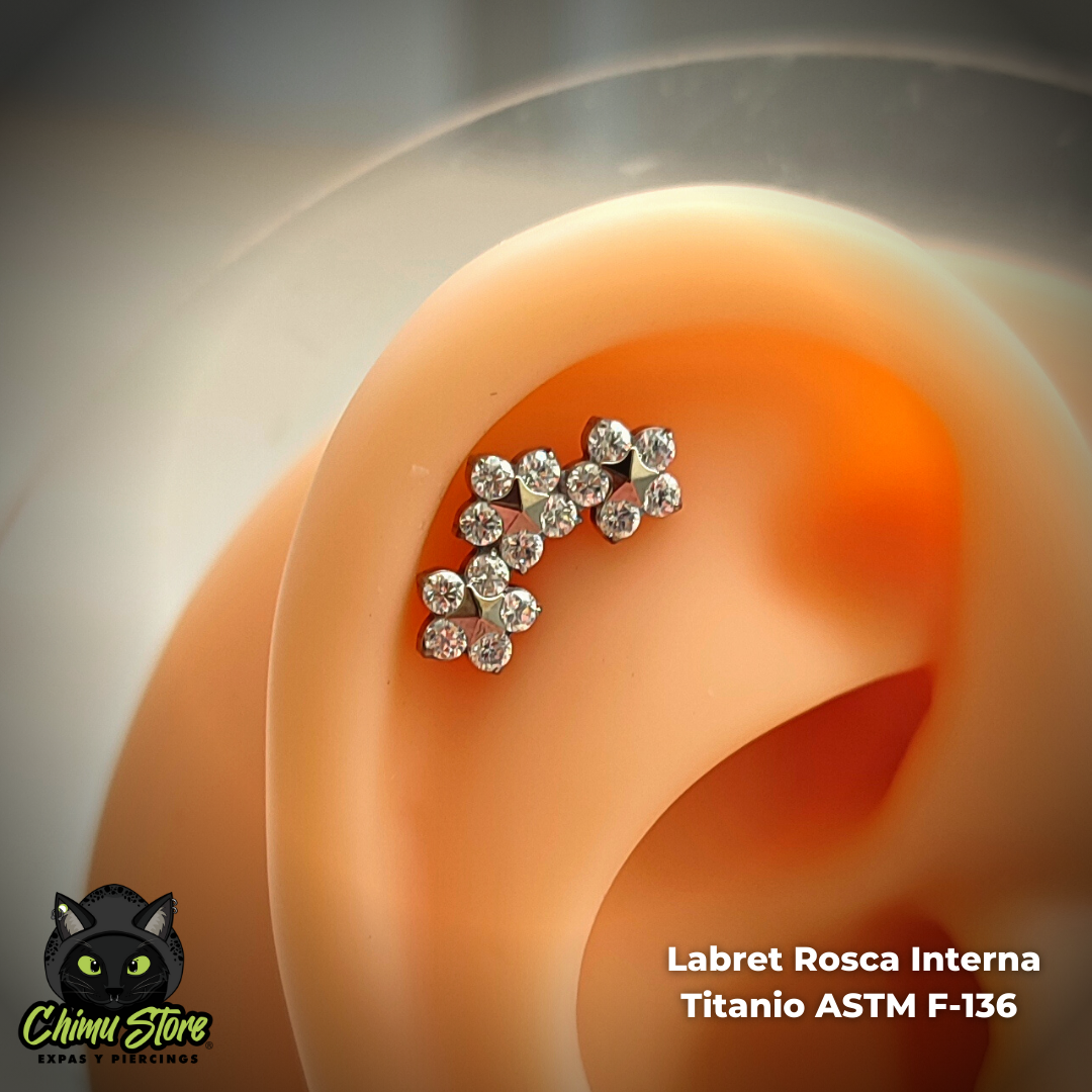 REP Labret Titanio ASTM F-136 - Cluster 3 Flores con Zirconias (1,2mm;8mm) (16G)