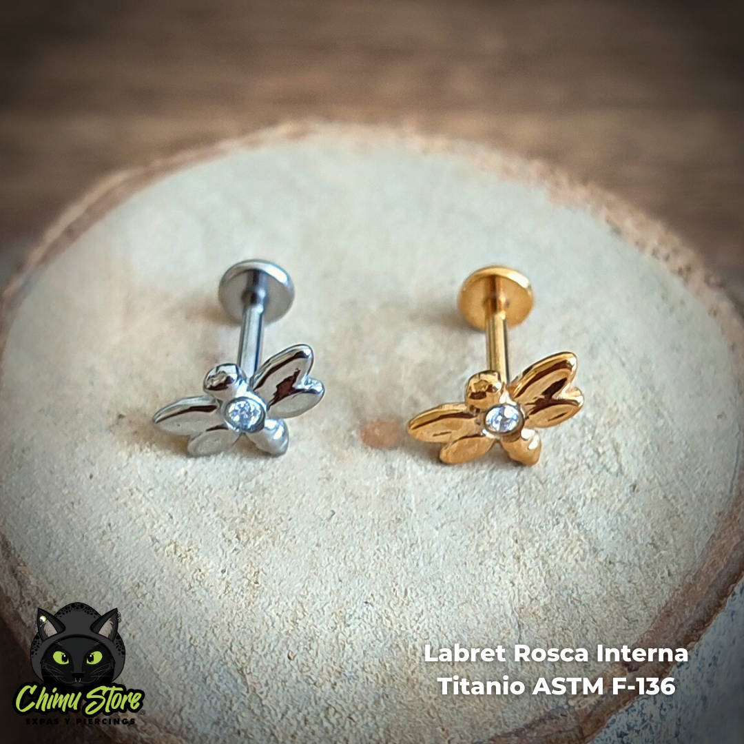 Labret Titanio ASTM F-136 - Libélula con Zirconia (1,2mm;8mm) (16G)