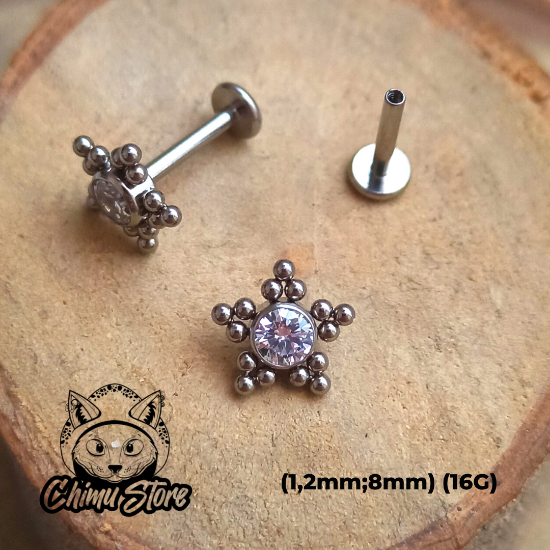 Labret Titanio ASTM F-136 - Zirconia y Estrella de Cuentas (1,2mm;8mm) (16G)