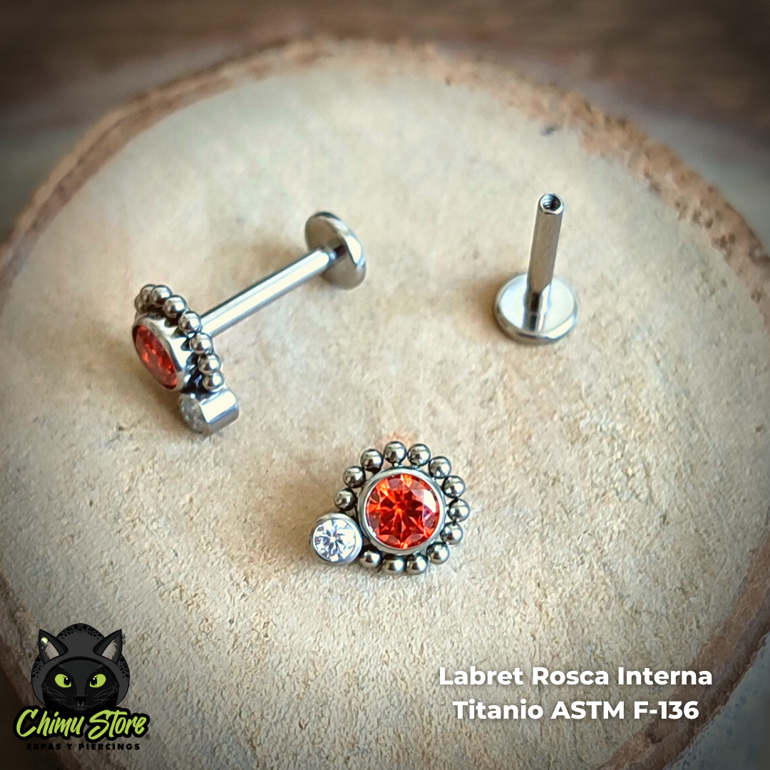 Labret Titanio ASTM F-136 - Zirconias Naranja y Blanca con Cuentas  (1,2mm;8mm) (16G)