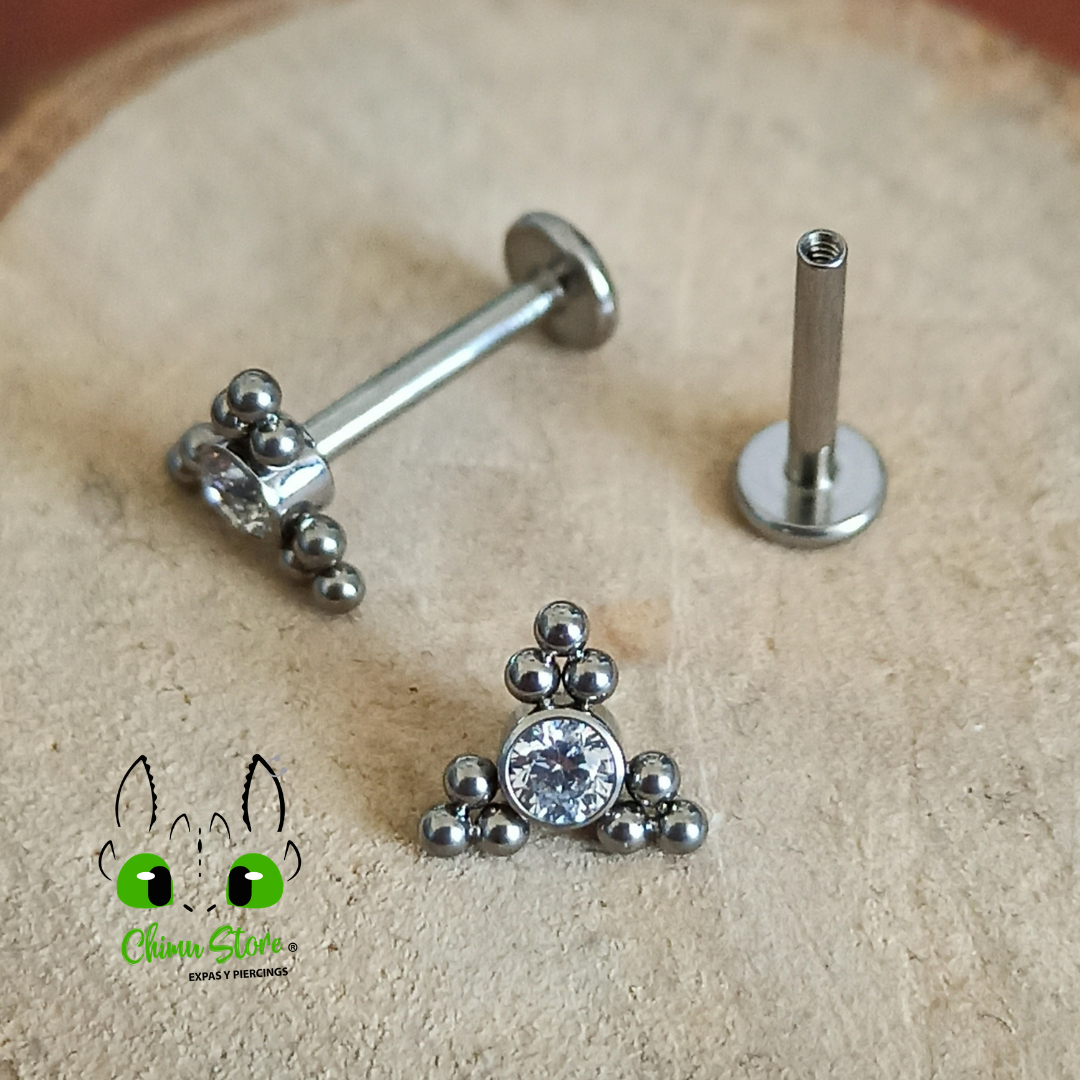 Labret Titanio ASTM F-136 - Zirconia-Opalita y Cuentas Triples (1,2mm) (16G)