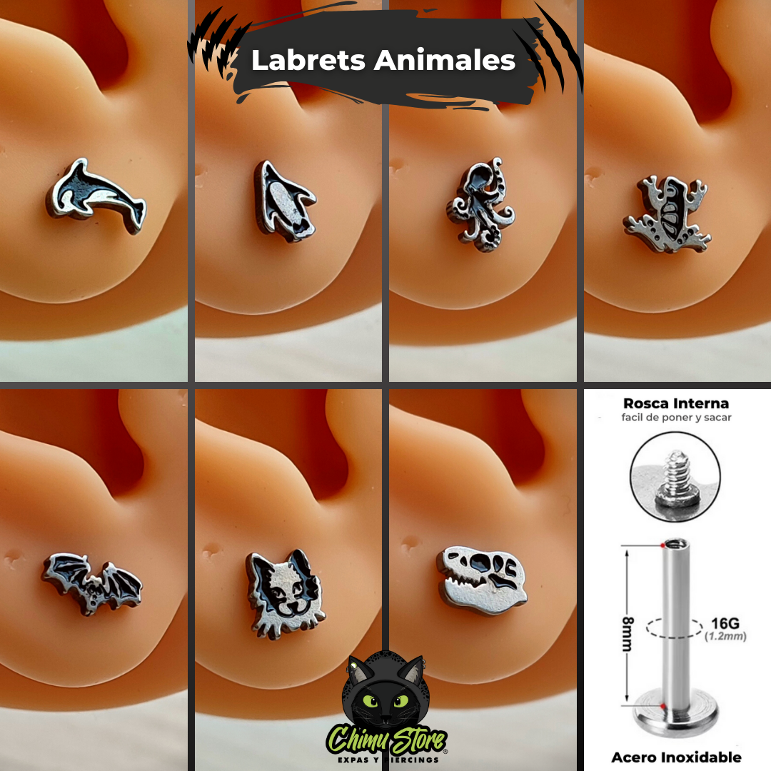 NEW Labret Rosca Interna Acero Inoxidable - Animales (1,2mm;8mm) (16G)