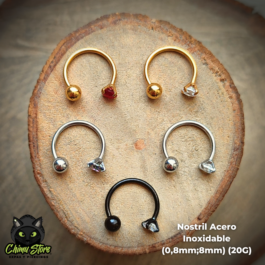 Nostril Circular Barbell Acero Inoxidable - Prong Cristal y Bolita (0,8mm;8mm) (20G)