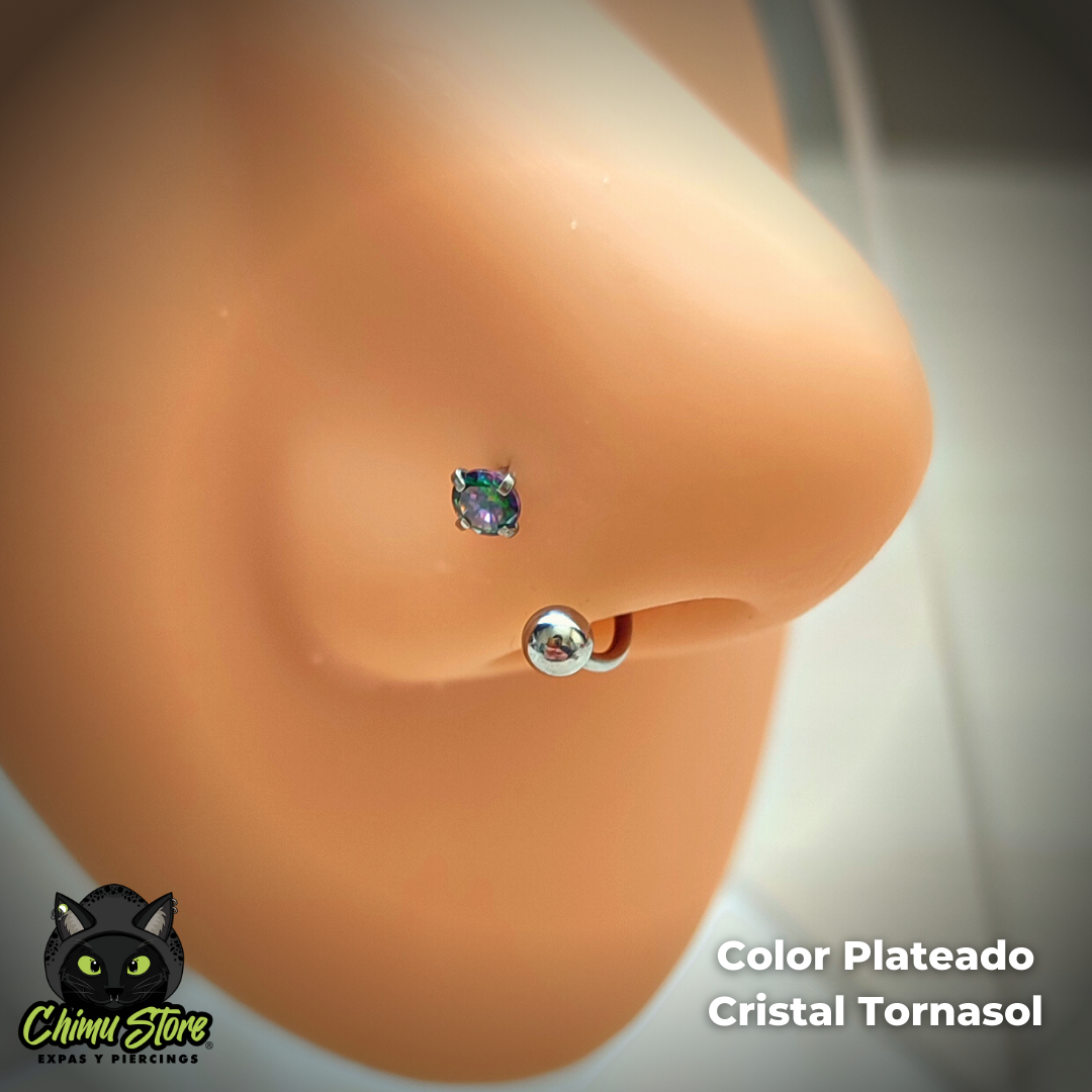 Nostril Circular Barbell Acero Inoxidable - Prong Cristal y Bolita (0,8mm;8mm) (20G)
