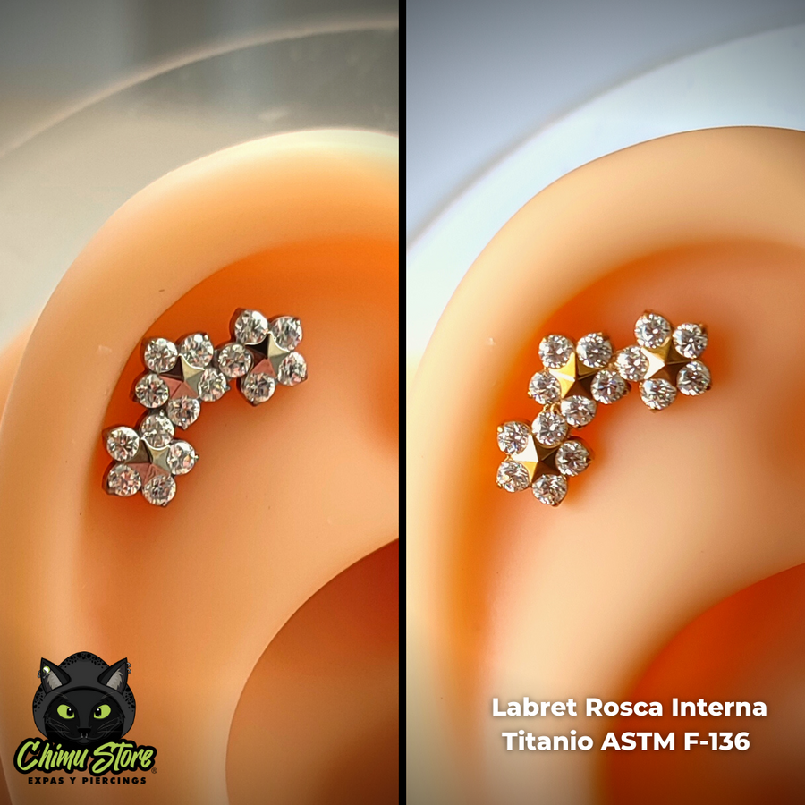 REP Labret Titanio ASTM F-136 - Cluster 3 Flores con Zirconias (1,2mm;8mm) (16G)