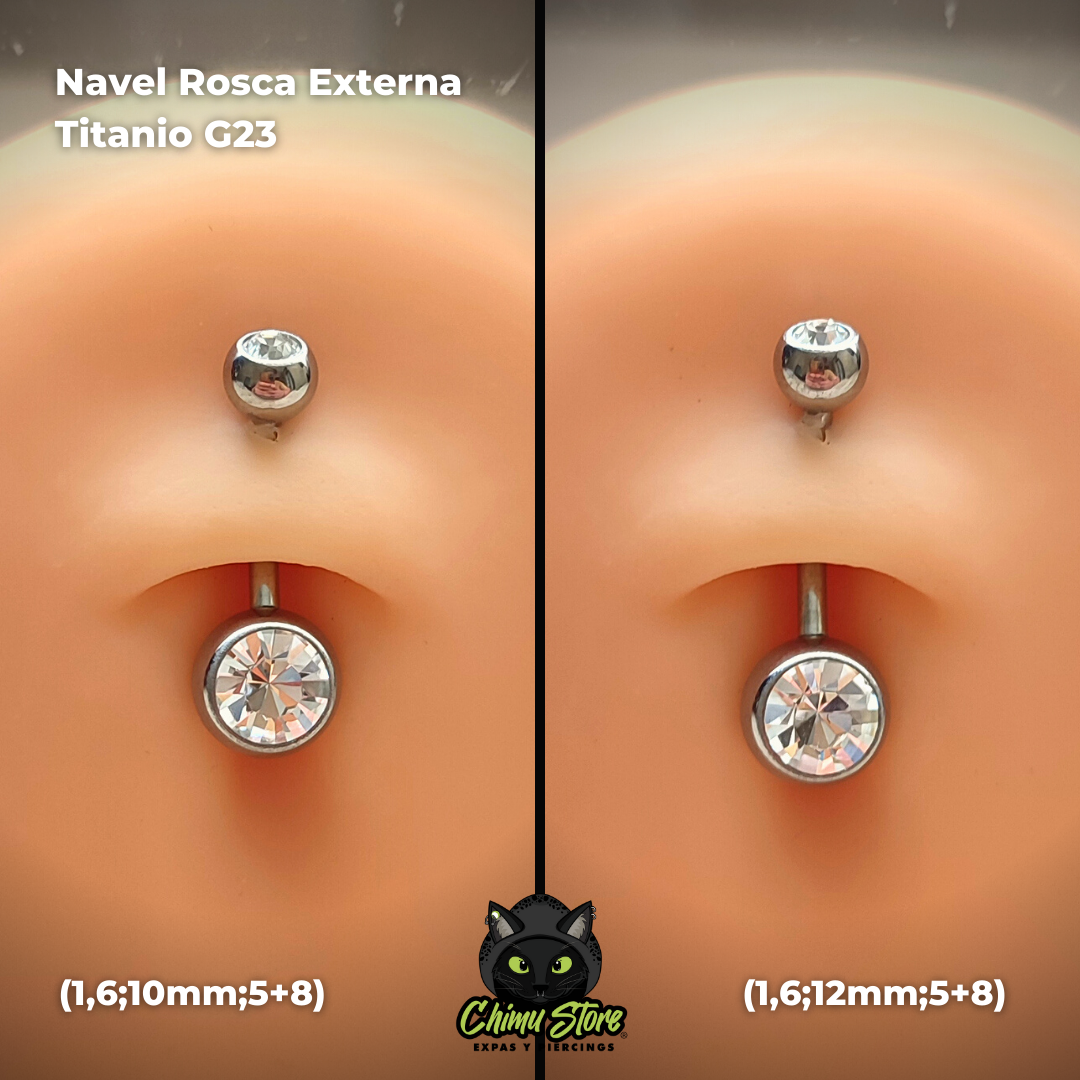 Navel Ombligo Rosca Externa Titanio G23 - Cristales Blancos (1,6mm;5*8) (14G)